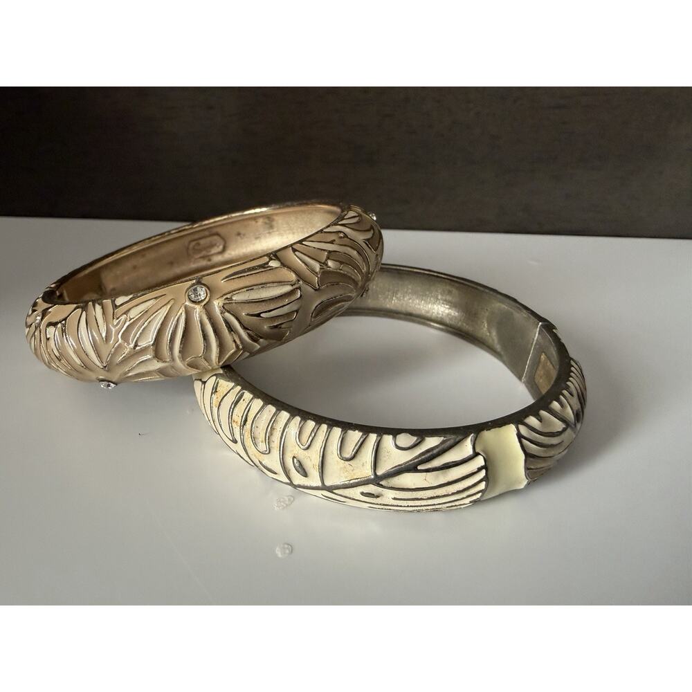 Sequin Set Of Two Cream Enamel Gold Tone Rhinestone Hinged Bangle Bracelets